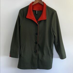 Green and Orange Trench Coat with Stand-Up Collar